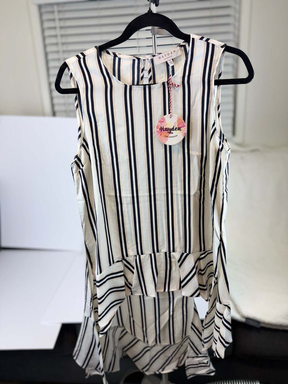Hayden Los Angeles Striped Sleeveless High-Low Ruffle Hem Tank Top